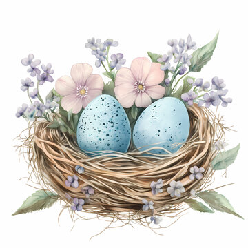 "Spring Nest with Blue Eggs and Pastel Flowers"