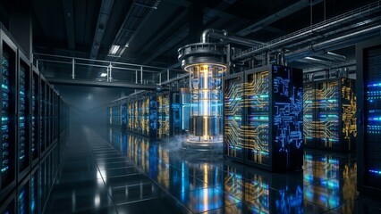 Fototapeta premium Futuristic Quantum Computing Core Array, Advanced Large-Scale Technology Processing Unit with Glowing Lights and Circuits