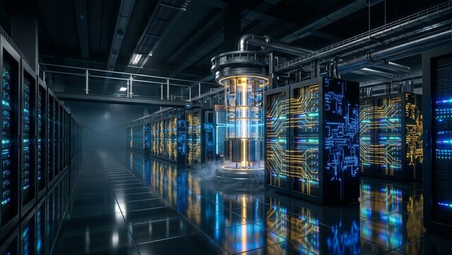 Futuristic Quantum Computing Core Array, Advanced Large-Scale Technology Processing Unit with Glowing Lights and Circuits