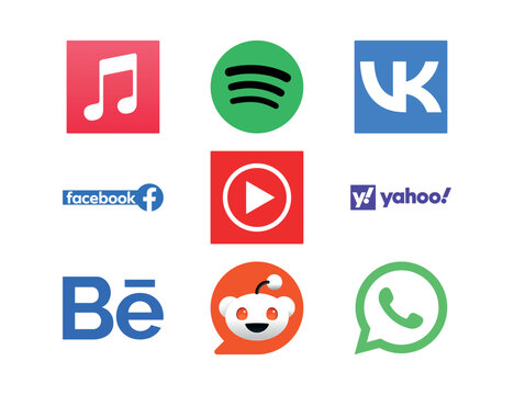 Grid collection of system task utilities and popular social platform shortcuts featuring VKontakte, Facebook, Yahoo, Behance, Reddit, and WhatsApp. Flat vector brand emblems and navigation layout 