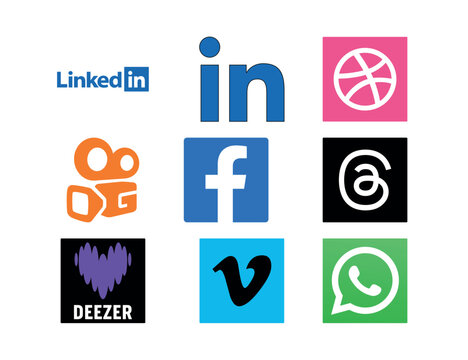 Grid collection of system task utilities and popular social platform shortcuts featuring LinkedIn, Dribbble, Kuaishou, Facebook, Threads, Deezer, Vimeo, and WhatsApp. Flat vector brand emblems 