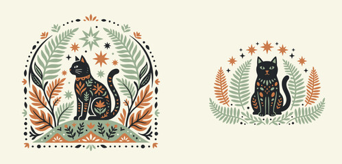Set of elemental folk art illustrations featuring a mystical black cat adorned with floral patterns, surrounded by ferns and stars in a rustic linocut block print style. © GraphicGalaxy