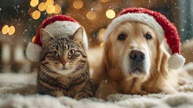 Adorable feline and canine pals wearing festive hats, nestled together during a winter celebration