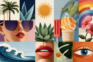 Obraz premium Bright summer collage illustration with tropical elements, sun, ice cream, waves and stylish woman