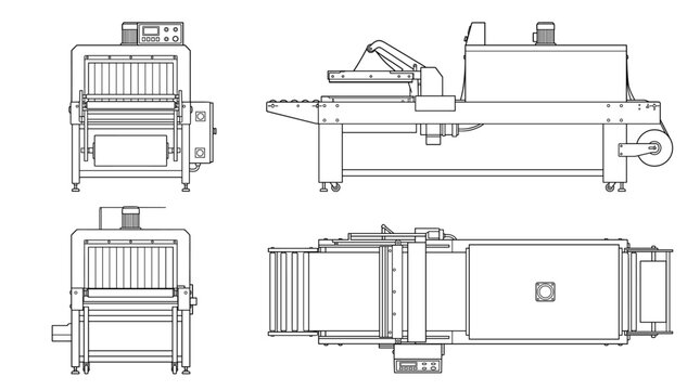 Shrink wrapping machine packaging equipment technical drawing blueprint with front side back and top views CAD line art vector illustration