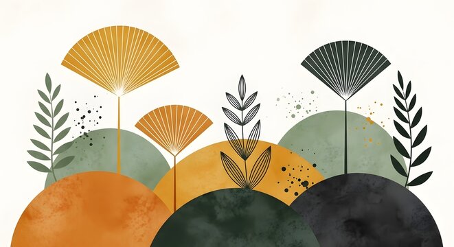 Abstract boho landscape with geometric hills. Modern earthy wall art decor. Stylized plant branches growing from textured mustard and green circles.