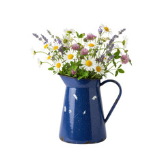 Fototapeta premium Rustic Blue Enamel Pitcher with Wildflowers and Daisies