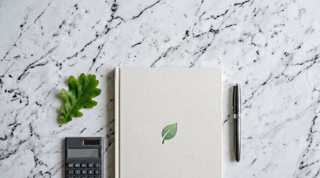 sustainable reporting tools, a minimalist flat lay featuring an esg report, pen, leaf, and calculator on marble