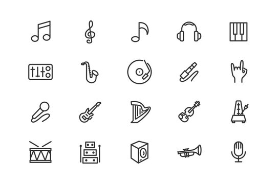 Music and audio equipment line icon set. Minimalist vector symbols representing musical instruments, sound production, audio notes, and studio gear.