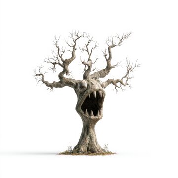 Eerie tree with twisted branches and a menacing face showcases a supernatural and mythical element, ideal for fantasy art or horror themes