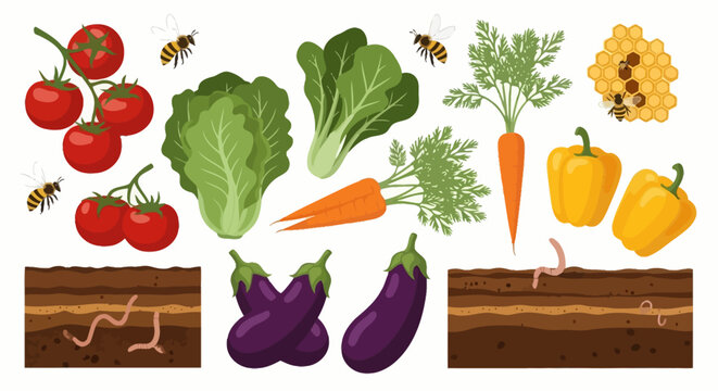 Vibrant vegetables and fruits grow from soil with worms, surrounded by buzzing bees.
