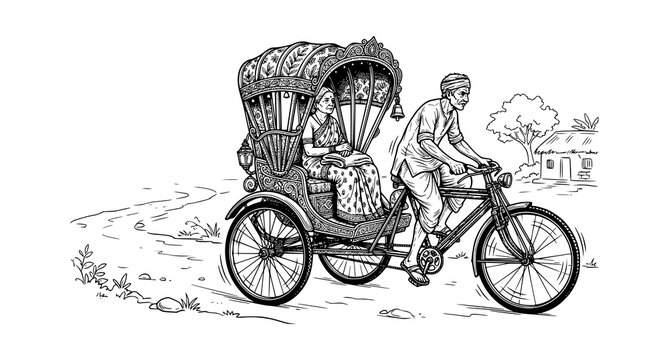 Traditional Indian Cycle Rickshaw In Rural Village Black And White Vector Illustration
