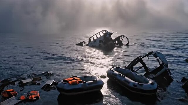 Foggy morning surrounds a water crash site- broken aircraft wreckage, life rafts and debris floating on dark waves, built for aviation disaster, survival response, rescue search and accident aftermath