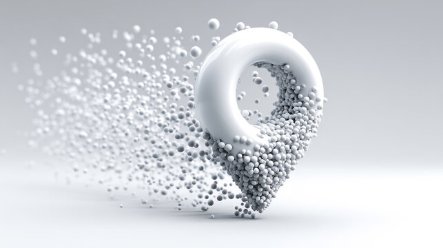 Stylized map pin icon dissolves into stream of tiny white spheres, representing conceptual location data abstraction. image conveys sense of digital transformation and innovation
