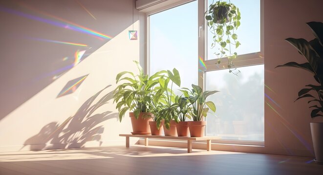 Potted green houseplants bathed in sunlight near a large window. Indoor gardening and bright natural home illumination. Tropical foliage reflecting colorful rainbow prism light beams.