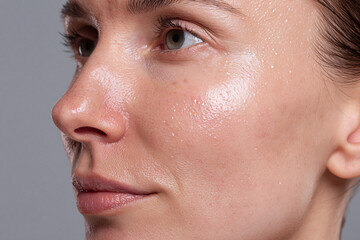 Fototapeta premium Oily skin close up with visible shine, clogged pores and natural texture on young adult female face conveying realistic skincare concern and subtle emotion