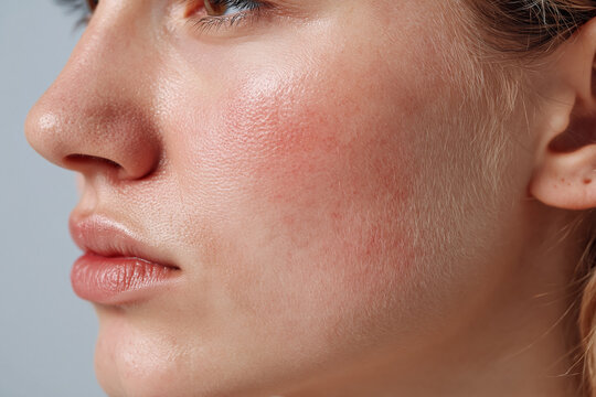 Red flushed cheek with sensitive skin reacting to temperature change, visible redness and mild irritation on young woman face conveying discomfort and sensitivity
