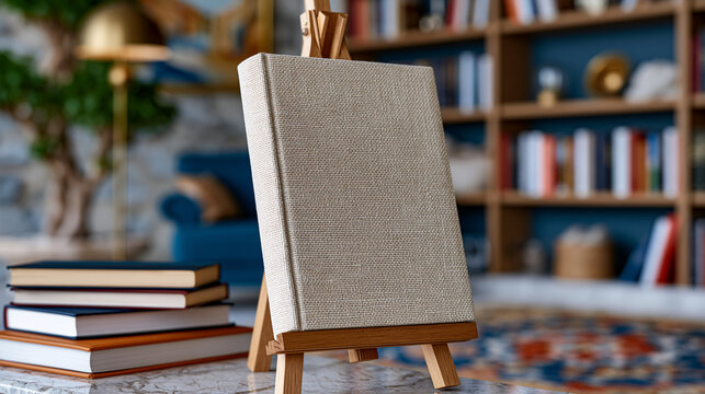 Linen-textured book cover design mockup propped on a wooden easel inside a luxury interior study, single publisher reviewing spine alignment, nonfiction imprint identity, premium literary brand, aca