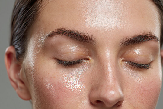 Close up oily skin with visible shine and excess sebum on T zone and cheeks, closed eyes, natural complexion with light redness and smooth pores, skincare concept for facial oil control