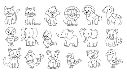 Cute cartoon animals outline collection, baby safari and domestic animals coloring page. © SobujChandra