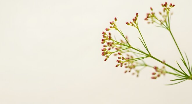 Delicate thin stems with tiny pink floral buds. Minimalist spring botanical background with copy space. Fragile wildflower branch standing on a blank canvas