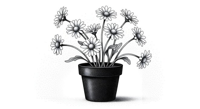 Black and white stippling art of daisy flowers. Traditional botany illustration and natural decoration. Chamomile blossoms reaching out from a classic flowerpot