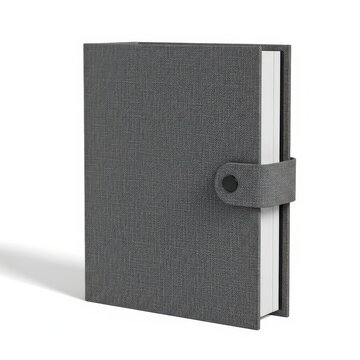 A gray notebook with a strap and buckle