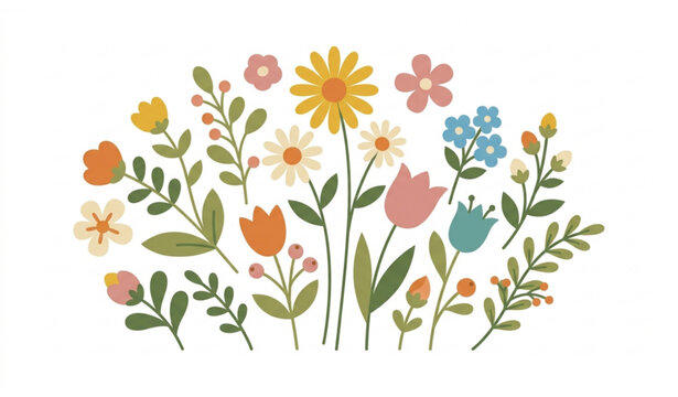 Cute colorful spring wildflowers bouquet, flat vector botanical illustration.