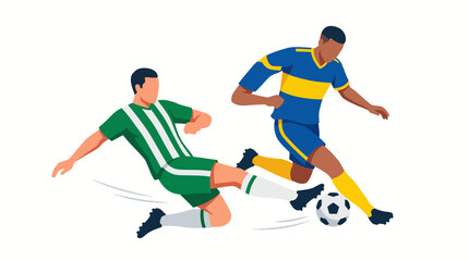 Obraz premium Dynamic illustration of a thrilling football match with a player executing a precise sliding tackle against an opponent to gain possession, showcasing competitive sports action