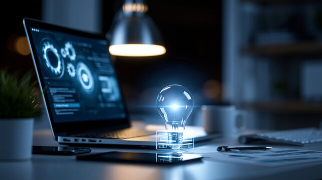 Creative process during night work with digital elements and tools, used for ideas and planning tasks, professional environment, innovation concept, business productivity,