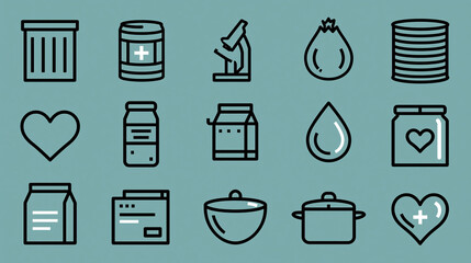 Fototapeta premium Black line art disaster relief meal vector illustration icons, collection of delivery web outline icon set, emergency food distribution, humanitarian aid graphics, crisis response