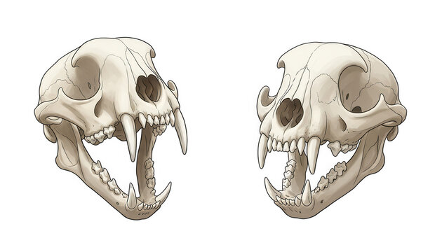 Of Two Predator Feline Skulls with Open Jaws