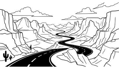 Desert road trip coloring page, winding highway through mountain valley line art © SobujChandra