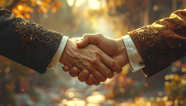 Hands shake in a sun-dappled forest with ornate clothing, a connection made amid nature?s beauty