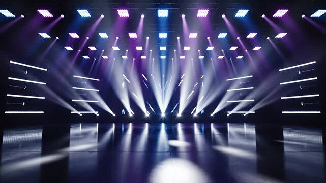 Symmetric blue and purple stage lighting in empty venue.