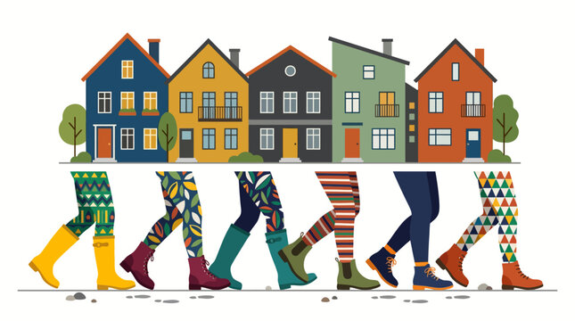 A whimsical illustration showing legs in colorful patterned pants and rain boots walking past a charming street of houses, depicting community and individual journeys
