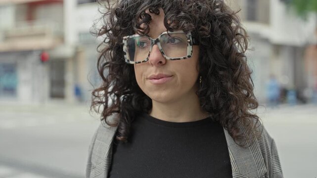 Young woman wearing oversized tortoiseshell glasses looking toward camera on a city street; thoughtful introspection.