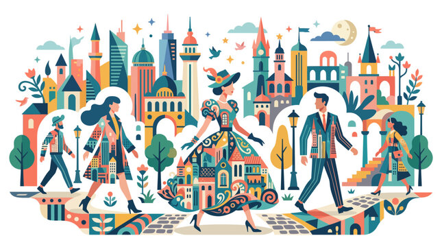Charming illustration of diverse people walking in a colorful, stylized city with intricate architectural details