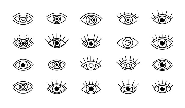 Evil eye and mystic eyes line art icons set, bohemian protective amulets vector