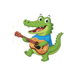 Naklejka premium Cute cartoon alligator playing acoustic guitar with musical notes isolated.
