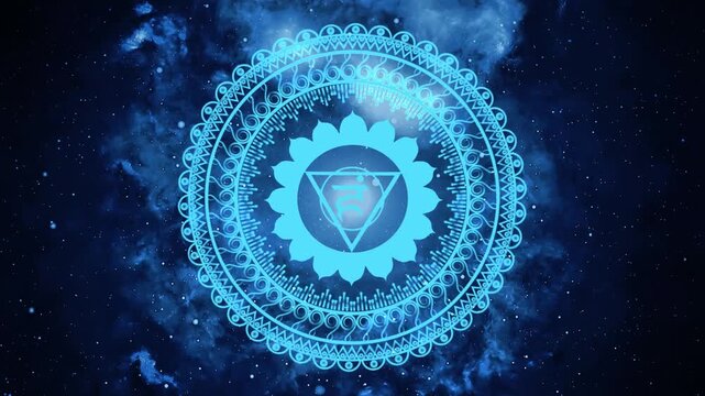 Glowing blue chakra symbol, spiritual energy circle, meditation icon, mystical geometric pattern