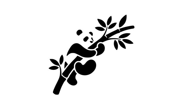 Cute panda sleeping on a bamboo branch silhouette, minimal animal icon vector