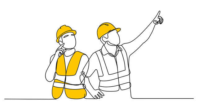 Continuous line drawing of construction workers wearing hard hats and safety vests pointing at something