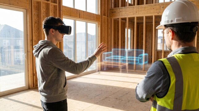 Innovative PropTech concept: Client using VR headset to visualize 3D holographic interior design with architect in unfinished house. AR and BIM technology in real estate construction