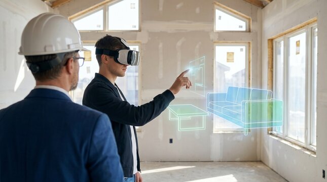 Client using VR headset to visualize interior design with 3D holographic furniture alongside architect in unfinished house, PropTech and BIM concept