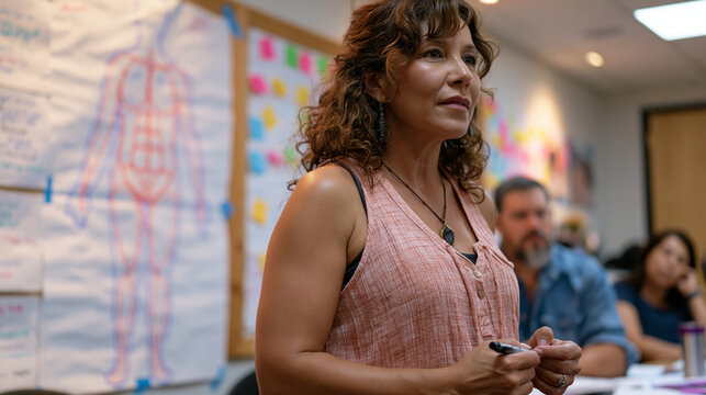 Somatic therapy body mapping exercise in women's shelter program room, adult survivor standing before large body silhouette drawn on paper posted to wall, marker in hand, trauma-informed group facil