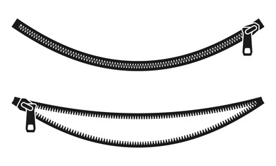 silhouette of curved zipper open and close, vector illustration isolated on white background. © Zhee-Graphic