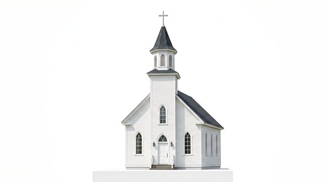 Traditional white wooden church with steeple against pure background minimalist architecture