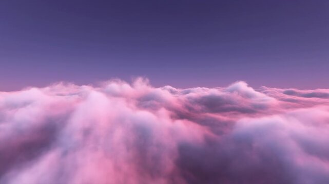 Serene aerial view of fluffy pink clouds at sunrise, soft texture, gradient purple sky, peaceful atmosphere, nature background, copy space