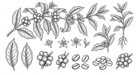 Coffee plant sketch collection elegant line art berries leaves and beans vector illustration isolated on white © Md